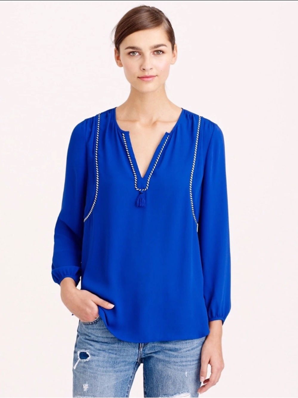 J.Crew Cobalt Royal Blue Tassel Popover Top Size 4